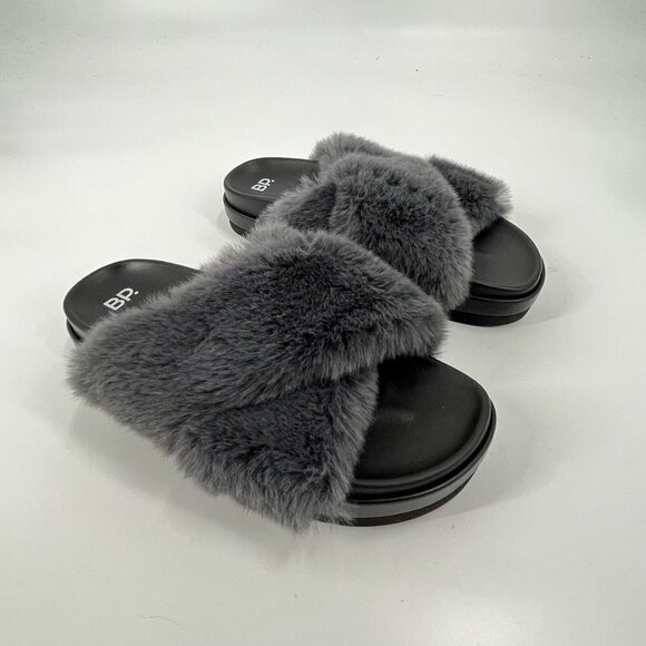 BP Cross Faux Fur Sandals Slippers Gray Sz 8 - Picture 2 of 6